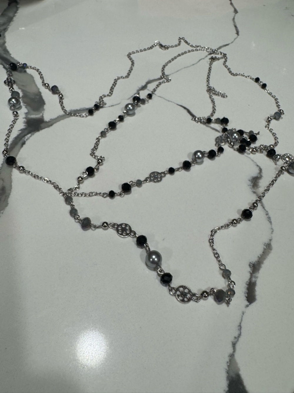 Silver Multi-Strand Beaded Necklace - Black and Gray